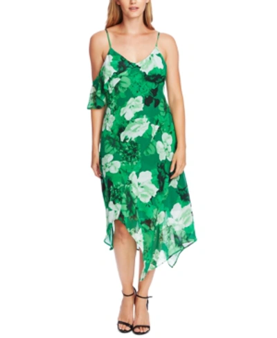 Vince Camuto Melody Floral Asymmetrical Midi Dress In Deep Emerald