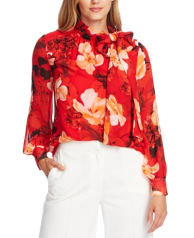 Vince Camuto Melody Floral Tie Neck Long Sleeve Chiffon Blouse In Red/white