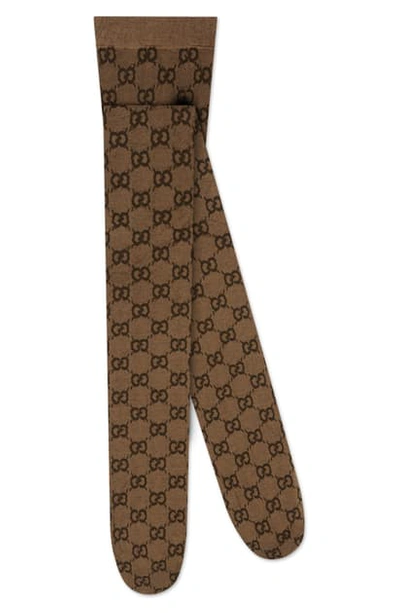 Gucci Gg Logo Tights In Beige/ Dark Brown