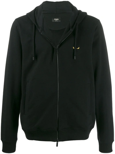 Fendi Logo-embroidered Fleece-back Cotton-jersey Zip-up Hoodie In Black