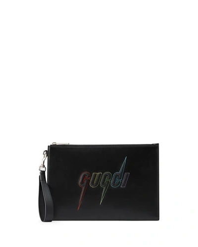 Gucci Men's Lightning Rainbow Logo Wristlet Pouch Bag In Black