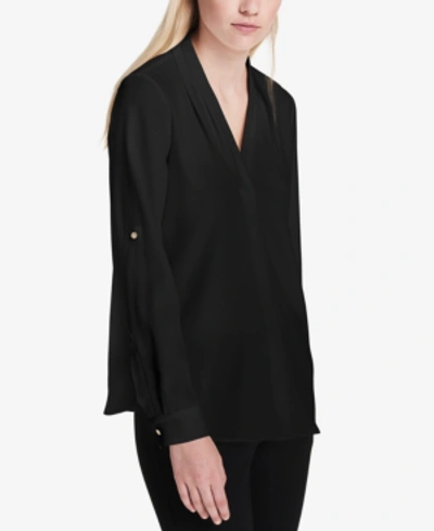 Calvin Klein V-neck Roll-sleeve Top In Black