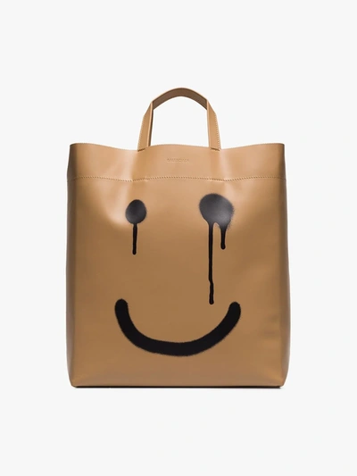 Balenciaga Beige Market Graffiti Face Leather Tote Bag In Light Brown