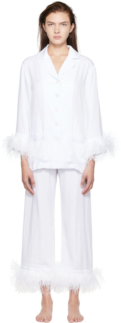 Sleeper Party Ostrich Feather-trim 2-piece Pajama Set In White