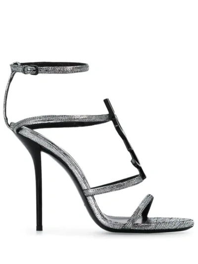 Saint Laurent Cassandre Metallic Ysl Sandals In Argneto