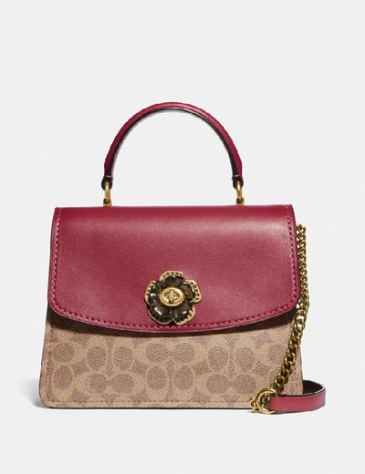 Coach Parker Top Handle In Signature Canvas In Red In Brass/tan Dusty Pink