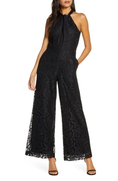 Julia Jordan Wide Leg Lace Halter Jumpsuit In Black