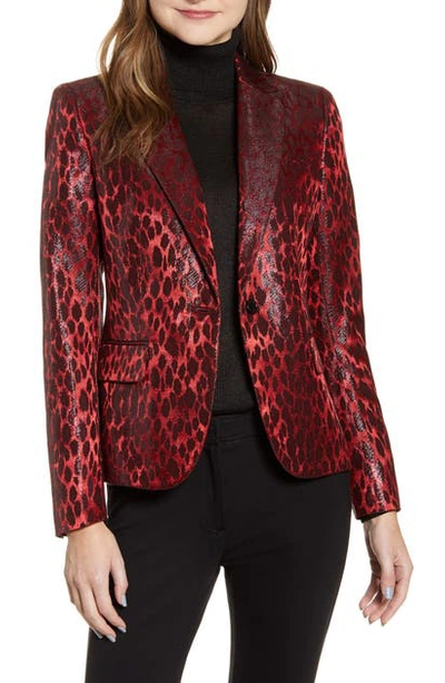 Anne Klein Metallic Leopard Print Jacquard Cotton Blend Jacket In Titian Red/ Anne Black