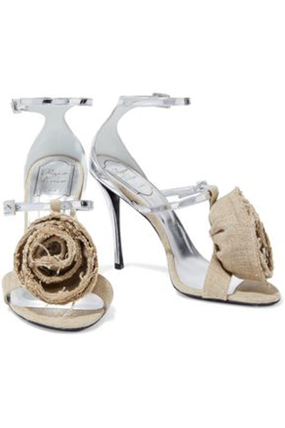 Roger Vivier Floral-appliquéd Canvas And Mirrored-leather Sandals In Silver