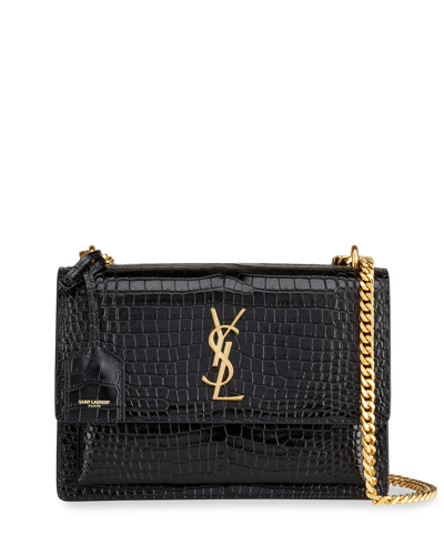 Saint Laurent Sunset Medium Croc-embossed Crossbody Bag In Black