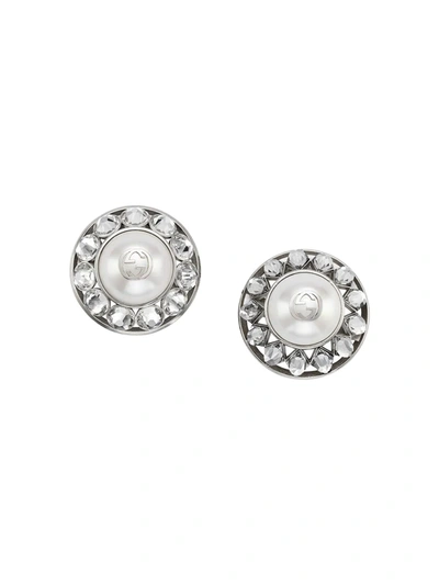 Gucci Interlocking G Pearl And Crystal Earrings In Silver