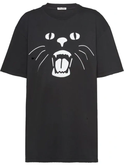 Miu Miu Cat Print T-shirt In F0002 Black
