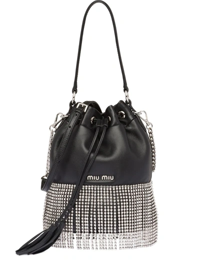 Miu Miu Embellished Fringed Bucket Bag In Black