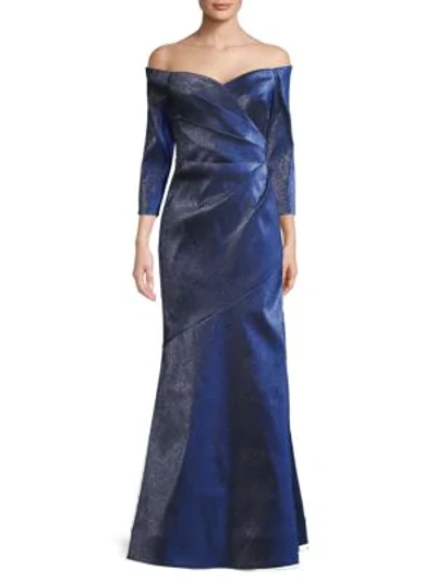 Theia Pleated Off-the-shoulder Gown In Sapphire