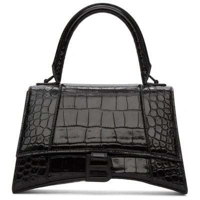 Balenciaga Black Croc Small Hourglass Top Handle Bag In 1000 Black