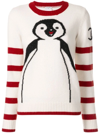 Pre-owned Chanel 2007 Intarsia Knit Penguin Jumper In White