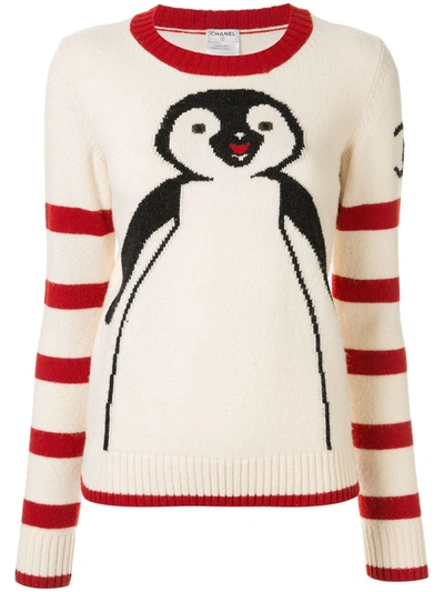 Pre-owned Chanel 2007 Penguin Intarsia Jumper In White