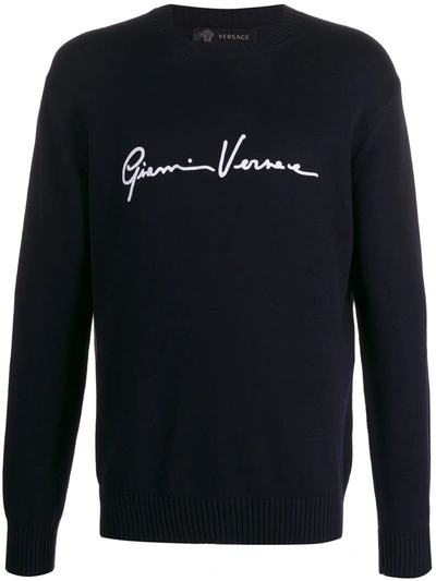 Versace Logo Embroidered Jumper In Blue