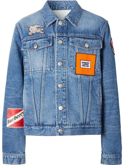 Burberry Logo Appliqués Denim Jacket In Light Indigo | ModeSens