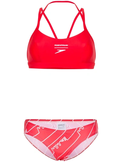 House Of Holland Logo Print Spandex Bikini In Red