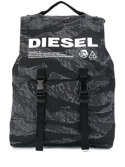 Diesel Striped Camo Denim Buckled Backpack In Black