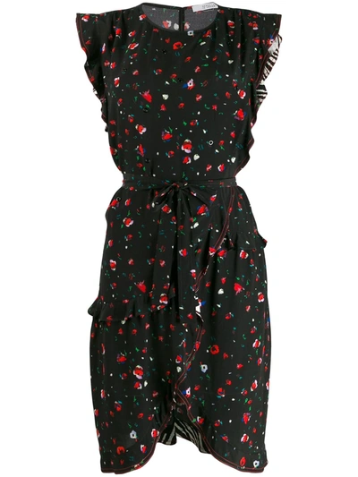 Derek Lam 10 Crosby Lyra Belted Splatter Floral Ruffle Dress In Black
