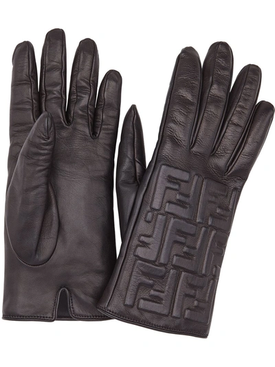 Fendi Leather Ff Embossed Gloves In Black