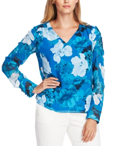 Vince Camuto Watercolor Melody Smocked Shoulder Floral Print Top In Lagoon