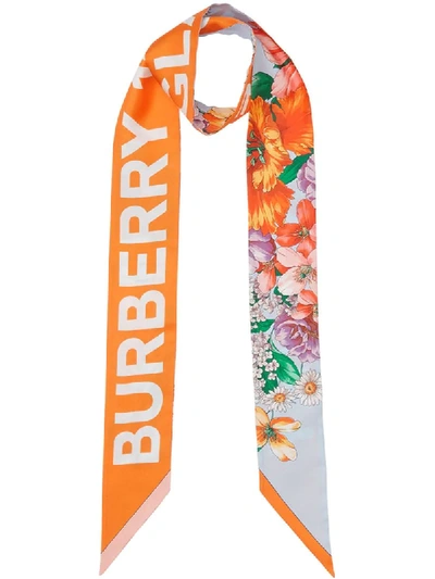 Burberry Floral And Logo Print Silk Skinny Scarf In Orange