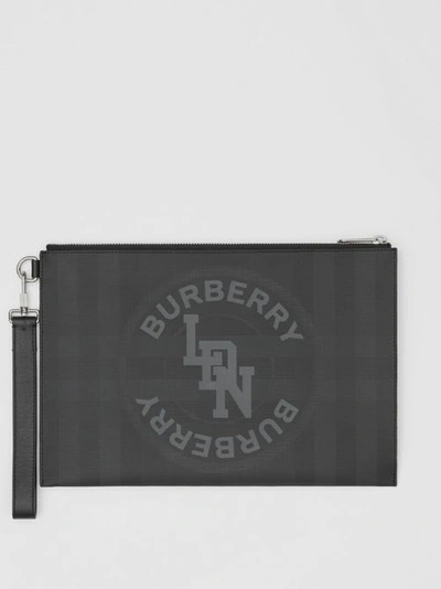 Burberry Logo Graphic London Check Zip Pouch In Dark Charcoal