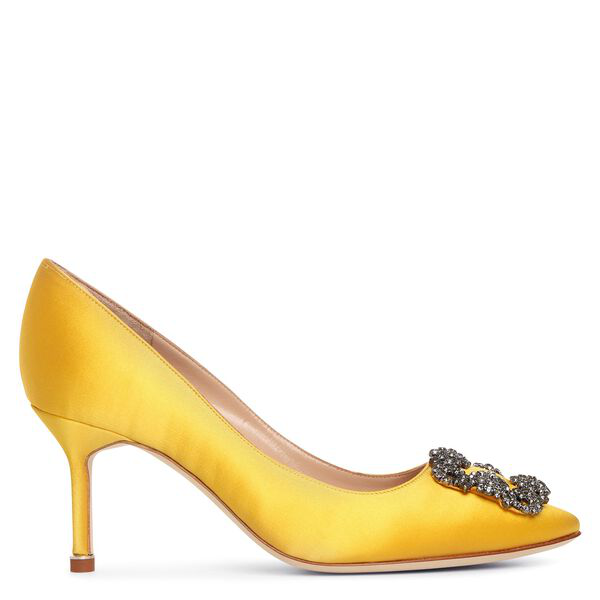 Manolo Blahnik Hangisi 70 Yellow Satin Pumps | ModeSens