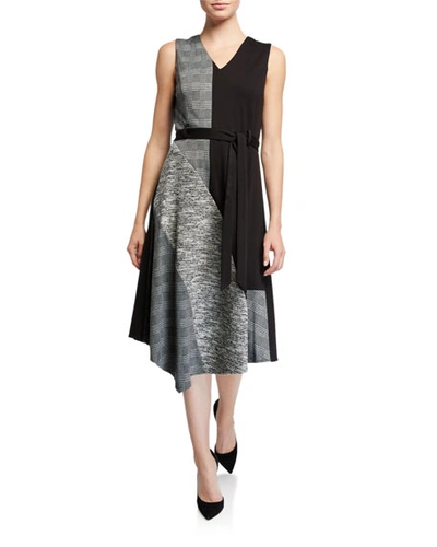 Calvin Klein Mixed-media Asymmetric Belted Dress In Novelty Plaid