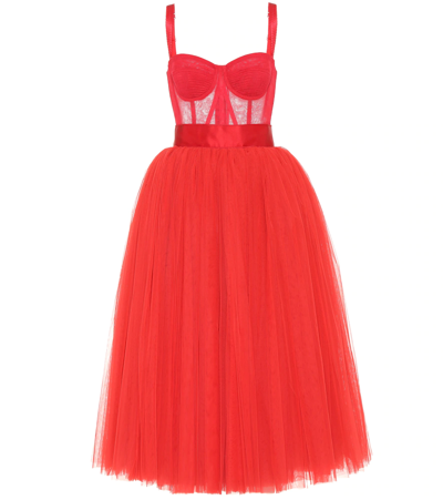 Dolce & Gabbana Corset Layered Tulle Midi Dress In Red