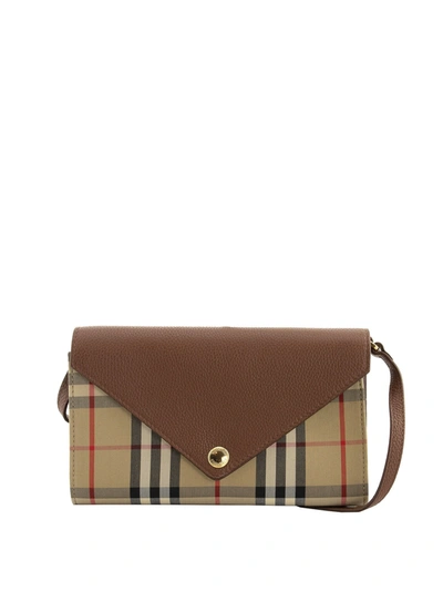 Burberry Hanna Vintage Check And Leather Wallet With Detachable Strap In Tan