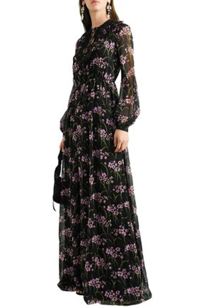Giambattista Valli Lace And Ruffle-trimmed Gathered Floral-print Silk-georgette Gown In Black