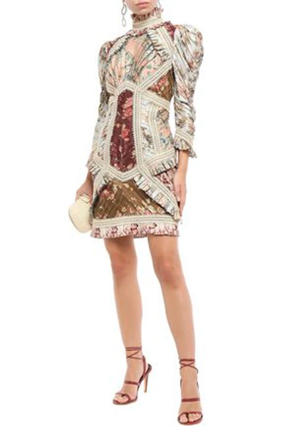 Zimmermann Pleated Appliquéd Floral-print Silk Mini Dress In Cream