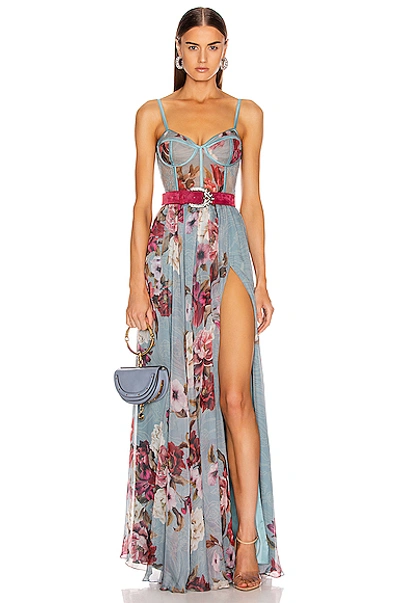 Patbo Peony Print Bustier Maxi Dress With Belt In Soft Blue