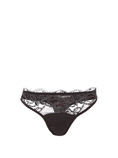 Fleur Of England Signature Lace-trimmed Silk-blend Thong In Black