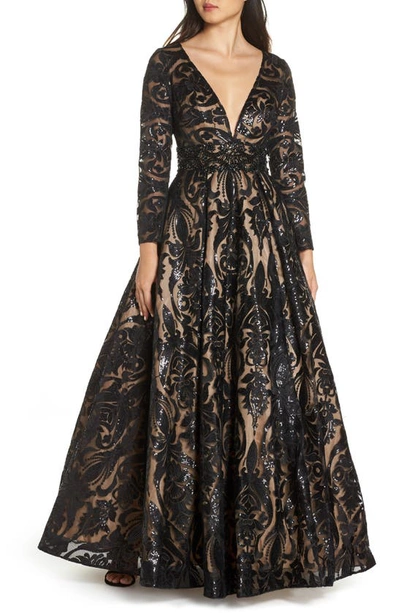 Mac Duggal Sequin Burnout Plunge-neck Long-sleeve Ball Gown In Black