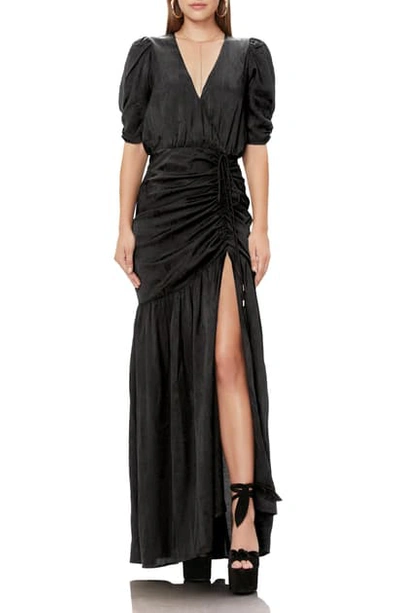 Afrm Nile Ruched Snake-jacquard Maxi Dress In Noir Snake