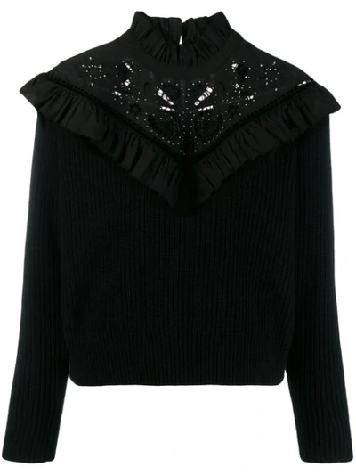 Sandro Westy Ruffled & Embroidered Wool-blend Sweater In 20 Noir