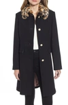 Kate Spade Leopard Faux Fur-collar Wool-blend A-line Coat In Black