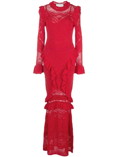 Alexis Ceecee Tiered Pointelle-knit Gown In Red
