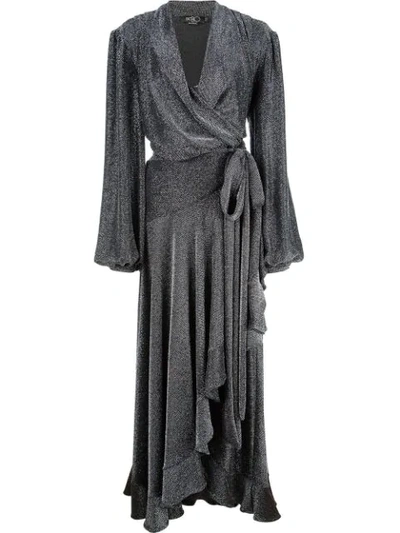 Patbo Metallic Mesh Long Sleeve Wrap Gown In Pewter