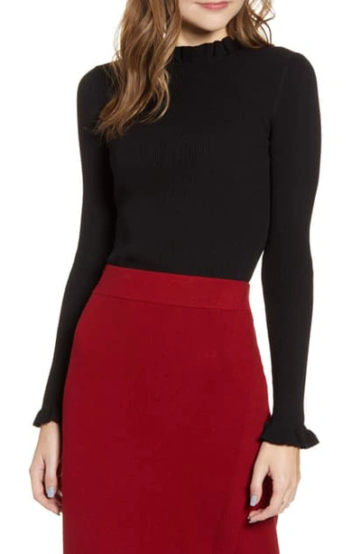 Anne Klein Ribbed Ruffle Detail Long Sleeve Sweater In Anne Black