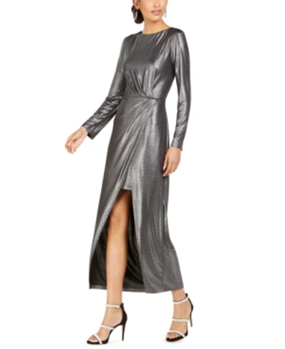 Julia Jordan Metallic Front Slit Long Sleeve Knit Maxi Dress In Silver