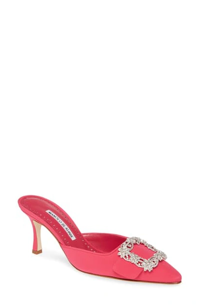 Manolo Blahnik Maysale Buckle Pointed Toe Mule In Barbie Pink/ Clear