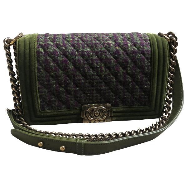 Pre-Owned Chanel Boy Green Tweed Handbag | ModeSens