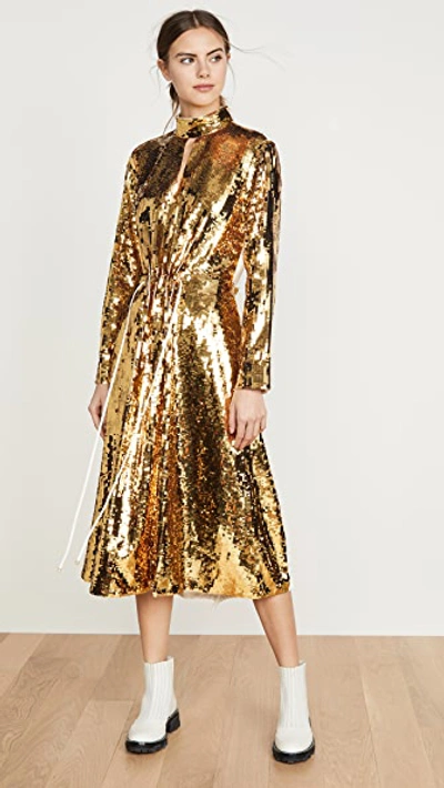 Tibi Split Neck Sequin Dress In Ivory/gold Multi