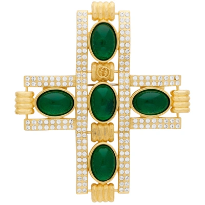 Gucci Gold & Green Cabochon Stone Cross Brooch In 8525 Gold